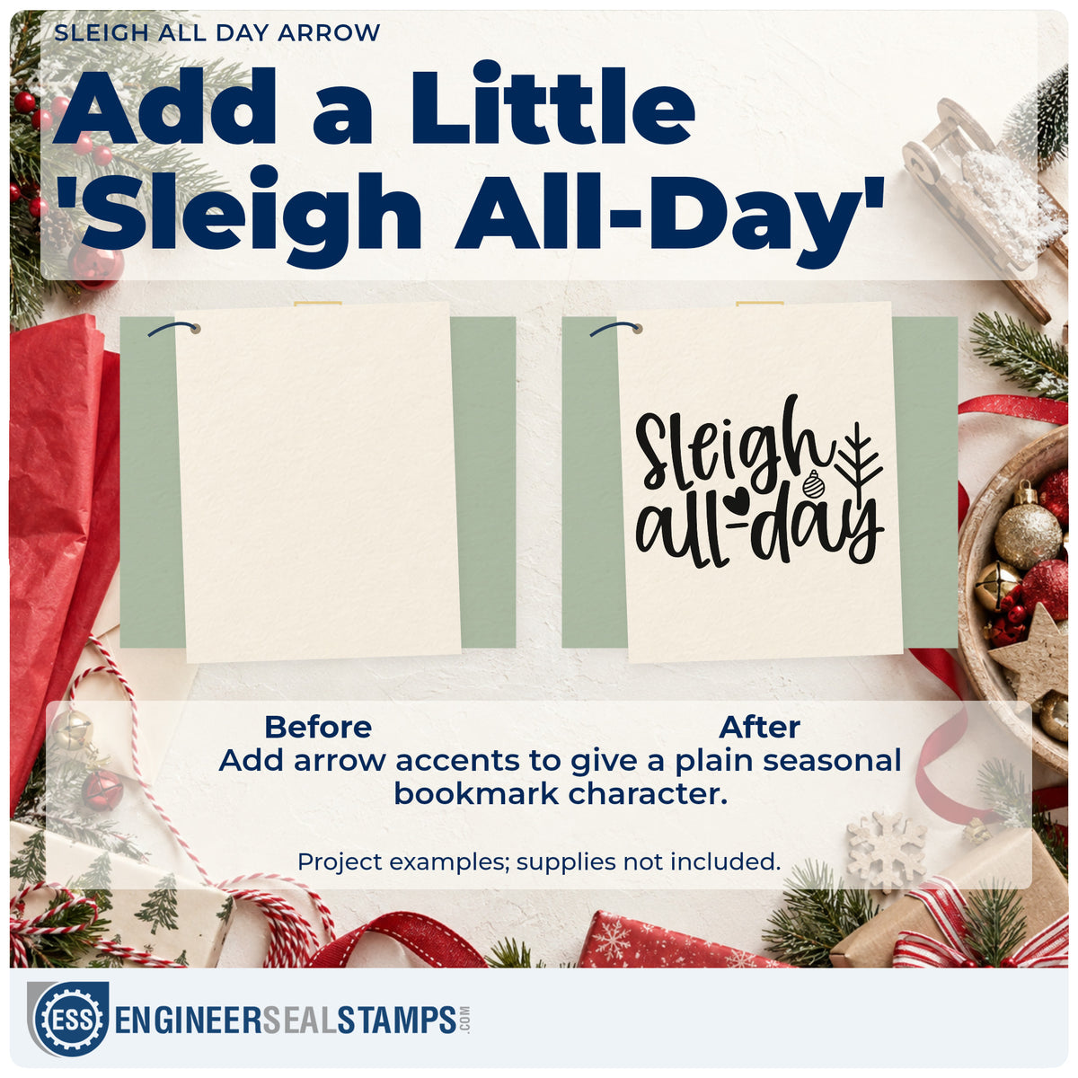 Before and after of a plain item finished with the Sleigh All Day Arrow Rubber Stamp – Wood Handle, a quick upgrade for tee pocket printing.