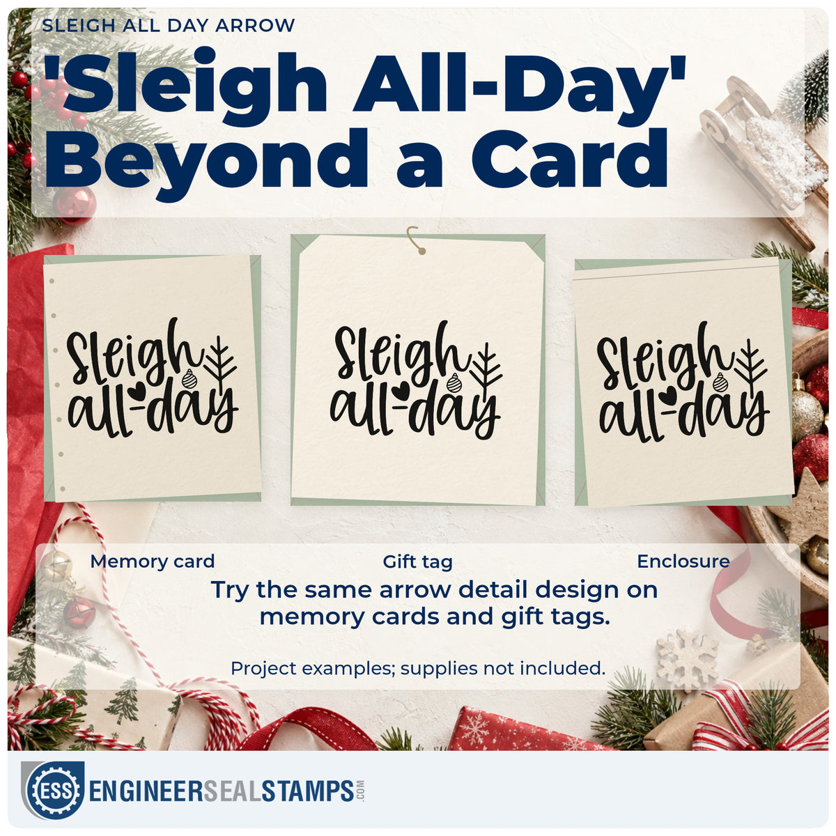 Three project examples made with the Sleigh All Day Arrow Rubber Stamp – Wood Handle, including shop bag gift tags.