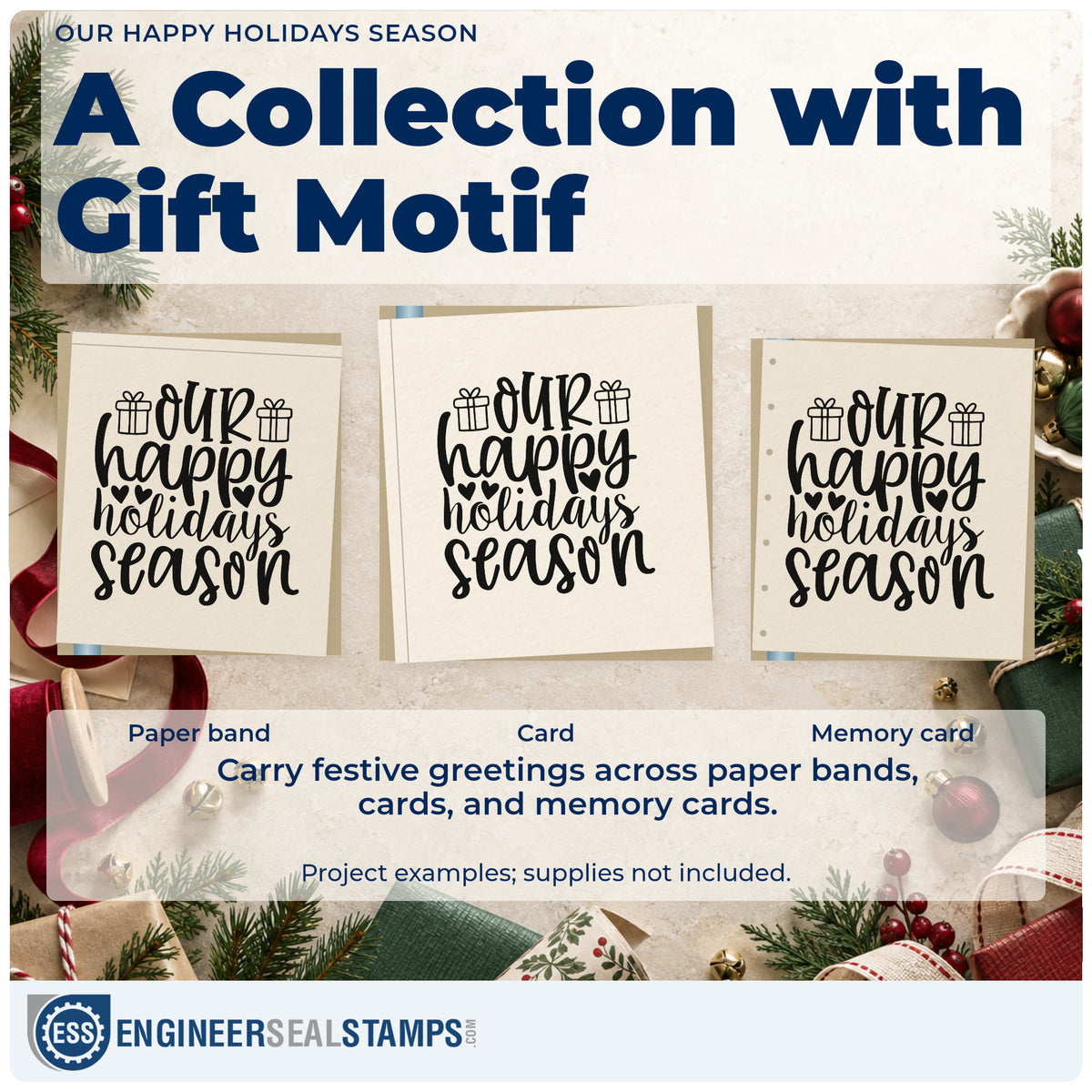 Three project examples made with the Our Happy Holidays Season Hand Stamp – Duo, including exchange list sheet.