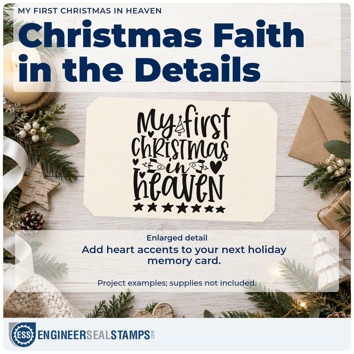 Enlarged detail of the My First Christmas In Heaven Duo Hand Stamp imprint. The phrase "My first Christmas in heaven" includes a little tree, birds, hearts, and a row of stars.