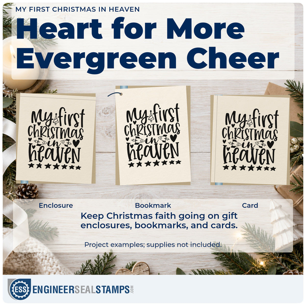Three project examples made with the My First Christmas In Heaven Rubber Stamp – Wood Handle, including memory note sheet.