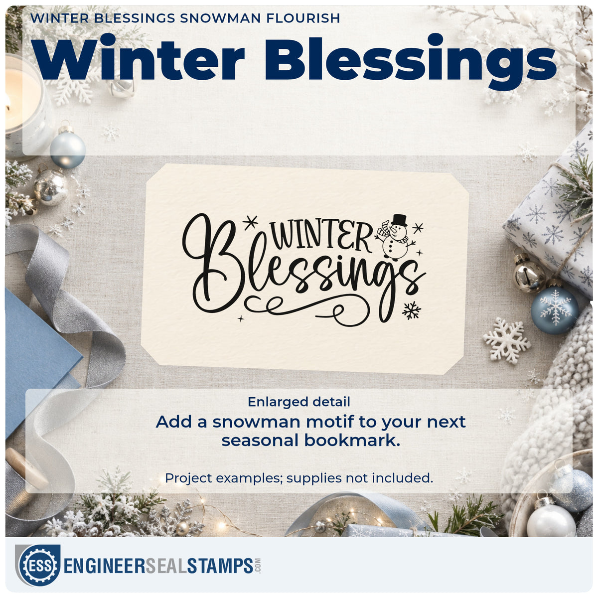 Enlarged detail of the Winter Blessings Snowman Flourished Lettering Pre-Inked Stamp – PSI imprint. The words "Winter blessings" appear with a snowman, snowflakes, and flowing flourishes.
