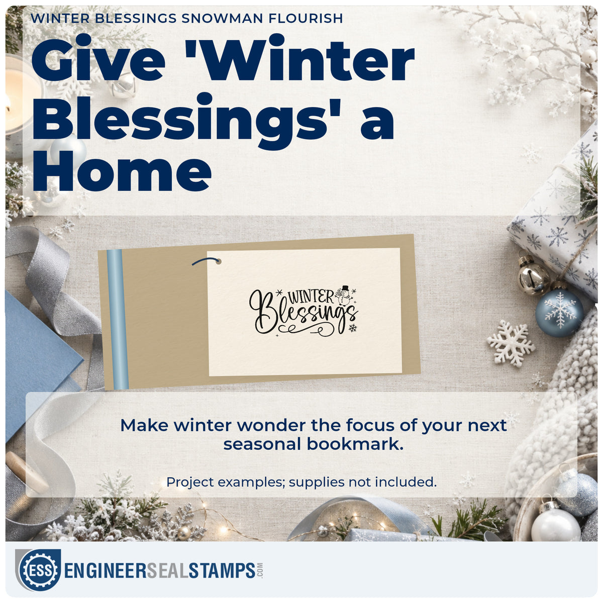 A finished handmade project stamped with the Winter Blessings Snowman Flourished Lettering Wood Handle Stamp, ideal for gratitude album page.