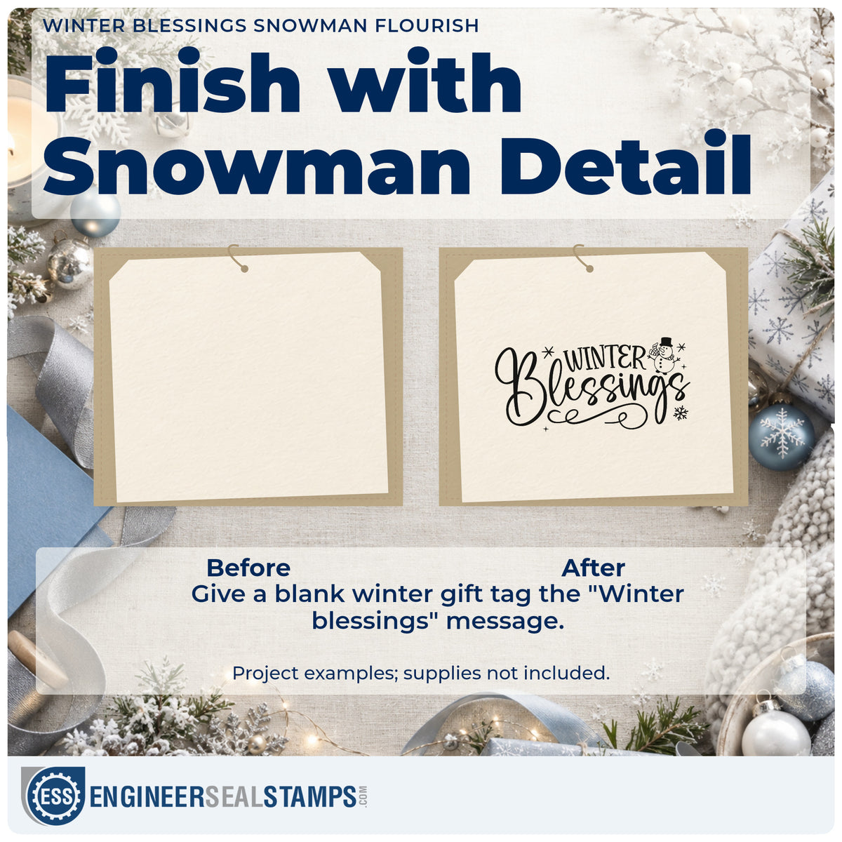Before and after of a plain item finished with the Winter Blessings Snowman Flourished Lettering Self-Inking Craft Stamp, a quick upgrade for framed prayer nook.