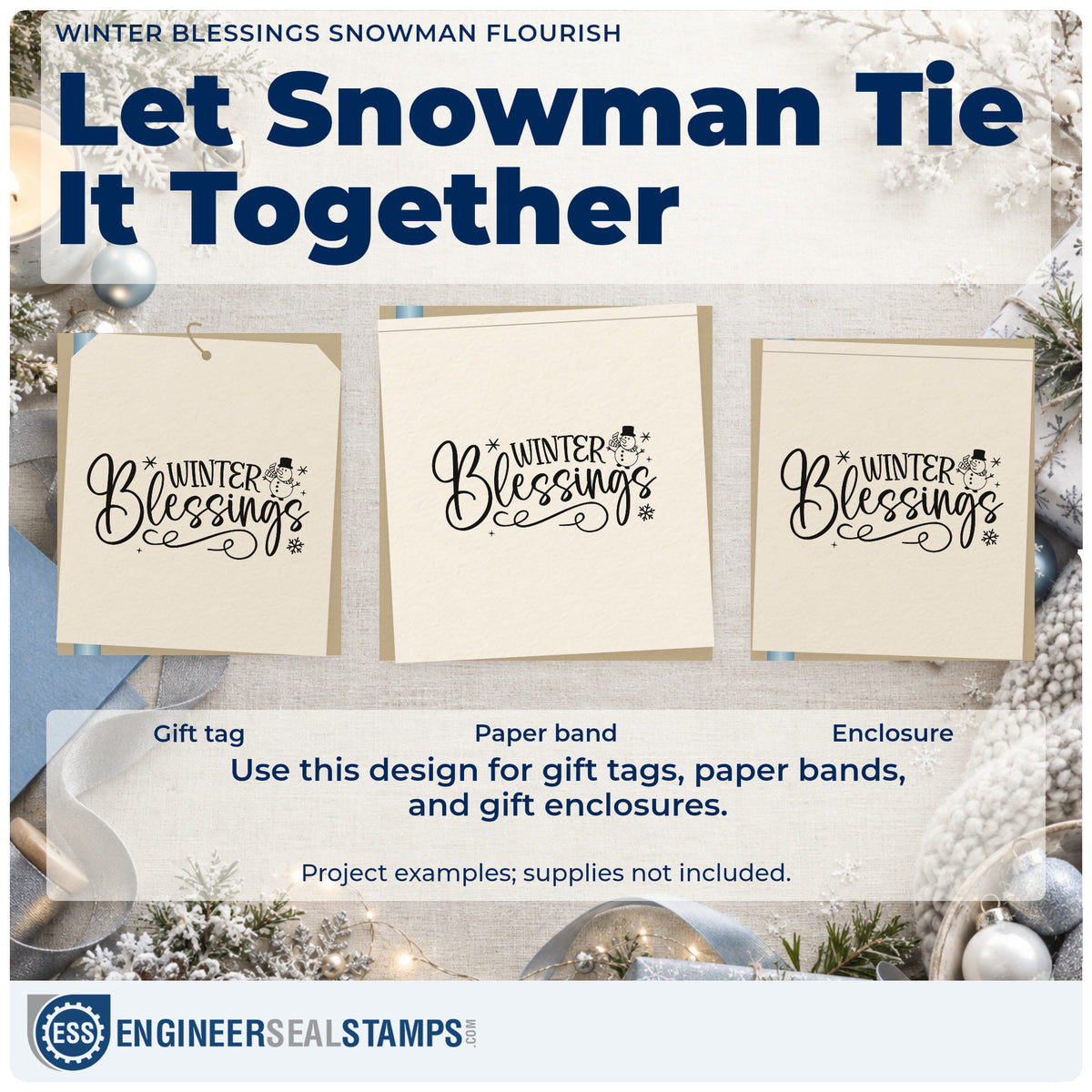 Three project examples made with the Slim Pre-Inked Winter Blessings Snowman Flourished Lettering Stamp, including blessing count sheet.