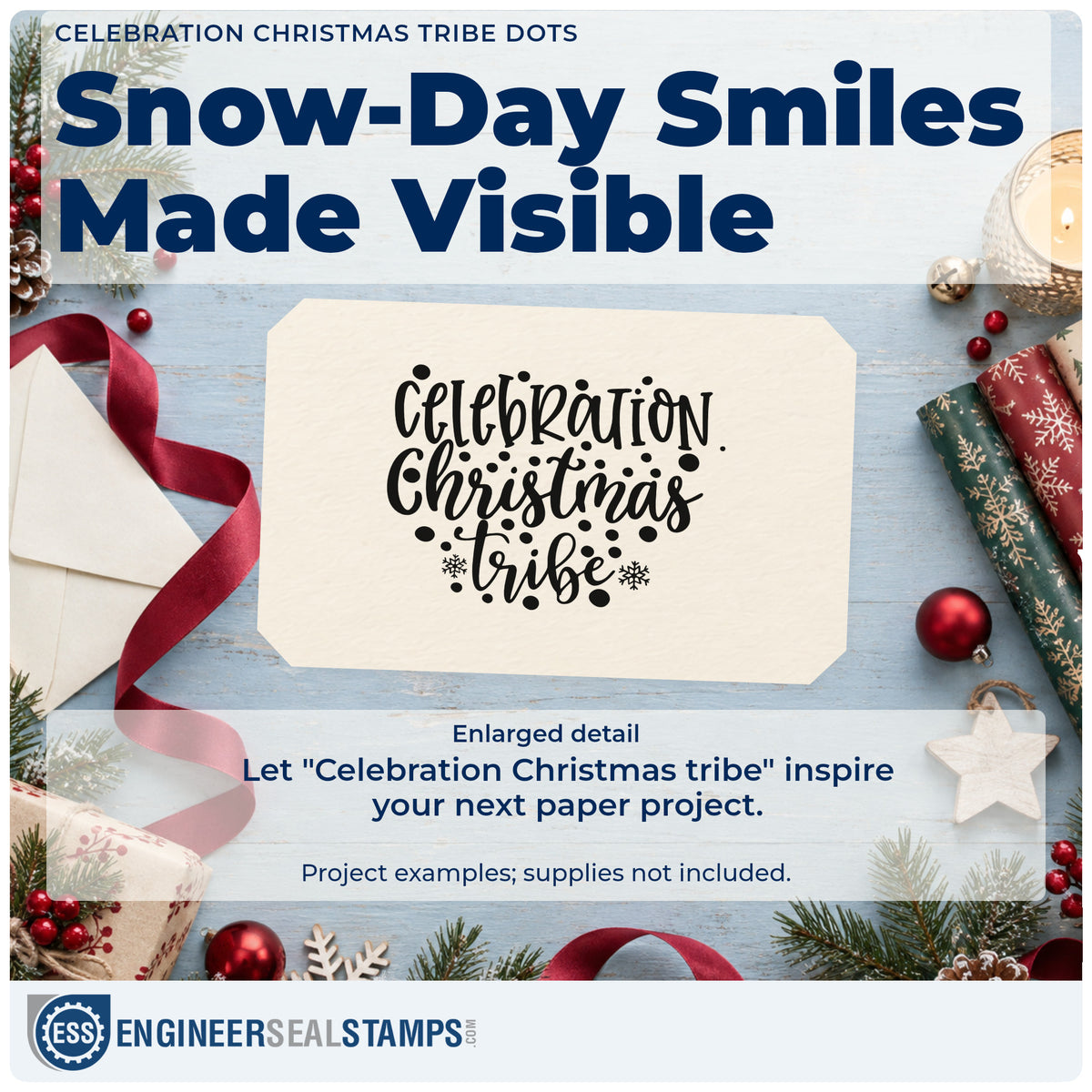 Enlarged detail of the Celebration Christmas Vibes Dots PSI Pre-Inked Stamp imprint. The words "Celebration Christmas vibes" appear amid scattered dots and small snowflakes.