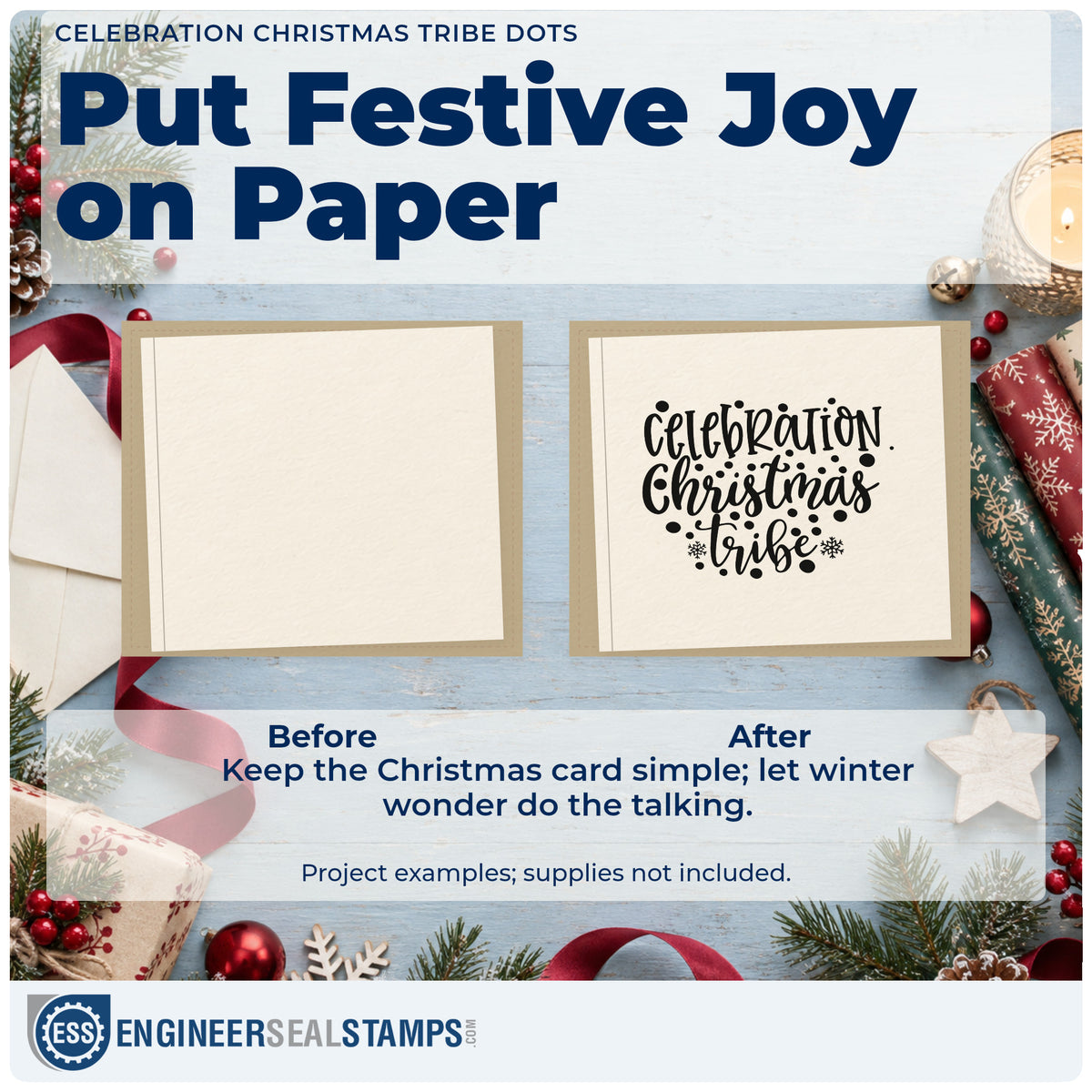 Before and after of a plain item finished with the Celebration Christmas Vibes Dots Self-Inking Stamp, a quick upgrade for framed dining nook.