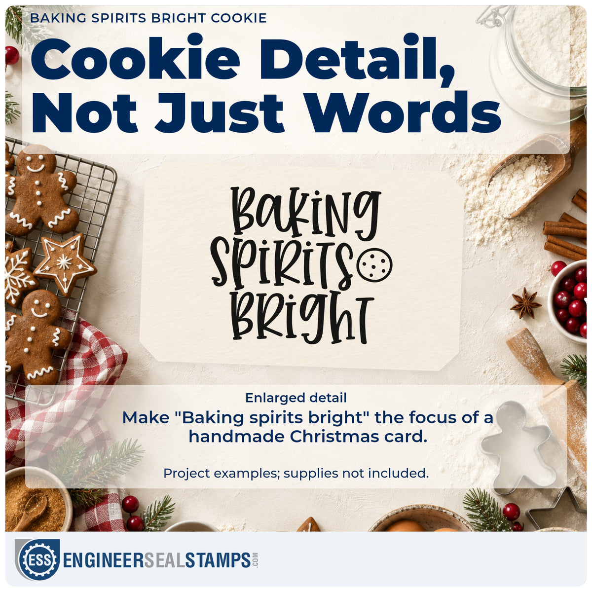 Enlarged detail of the Baking Spirits Bright Cookie Rubber Stamp – Wood Handle imprint. The words "Baking spirits bright" appear beside a round chocolate-chip cookie.