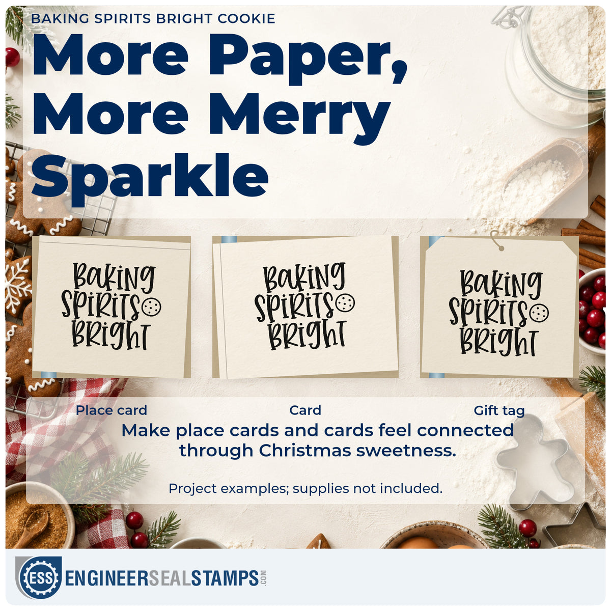 Three project examples made with the Baking Spirits Bright Cookie Stamp – Duo Hand, including recipe notes sheet.