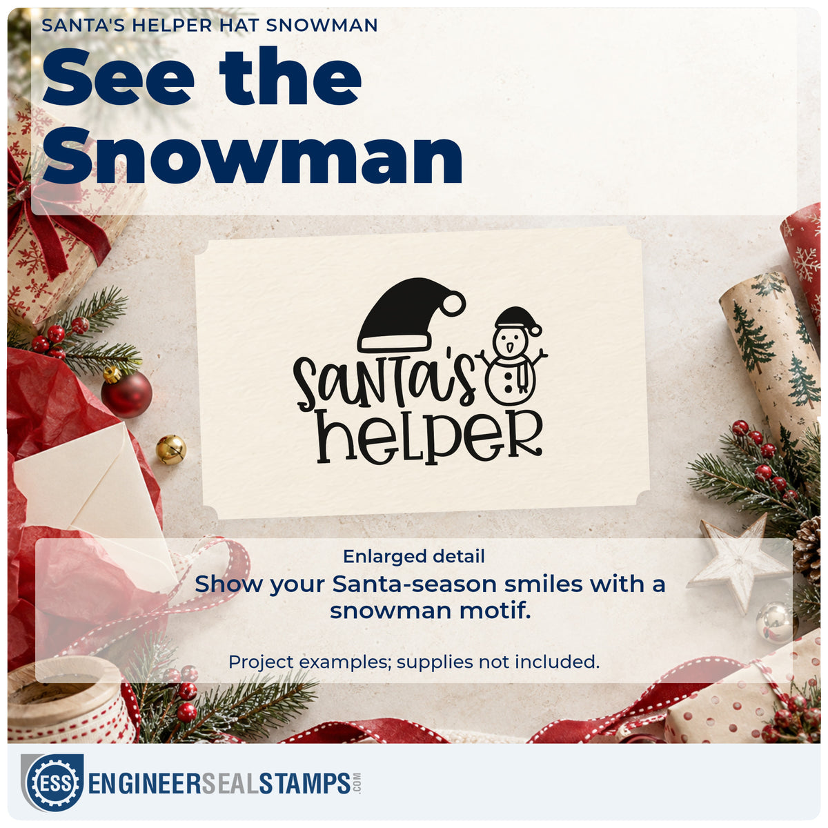 Enlarged detail of the Santa's Helper Hat Snowman Pre-Inked Stamp – Slim imprint. The words "Santa's helper" appear beneath a Santa hat beside a small snowman.