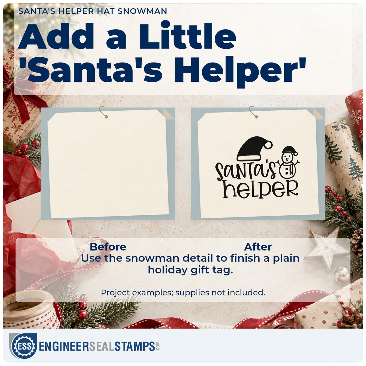 Before and after of a plain item finished with the Santa's Helper Hat Snowman Rubber Stamp – Duo Hand, a quick upgrade for mitten back printing.