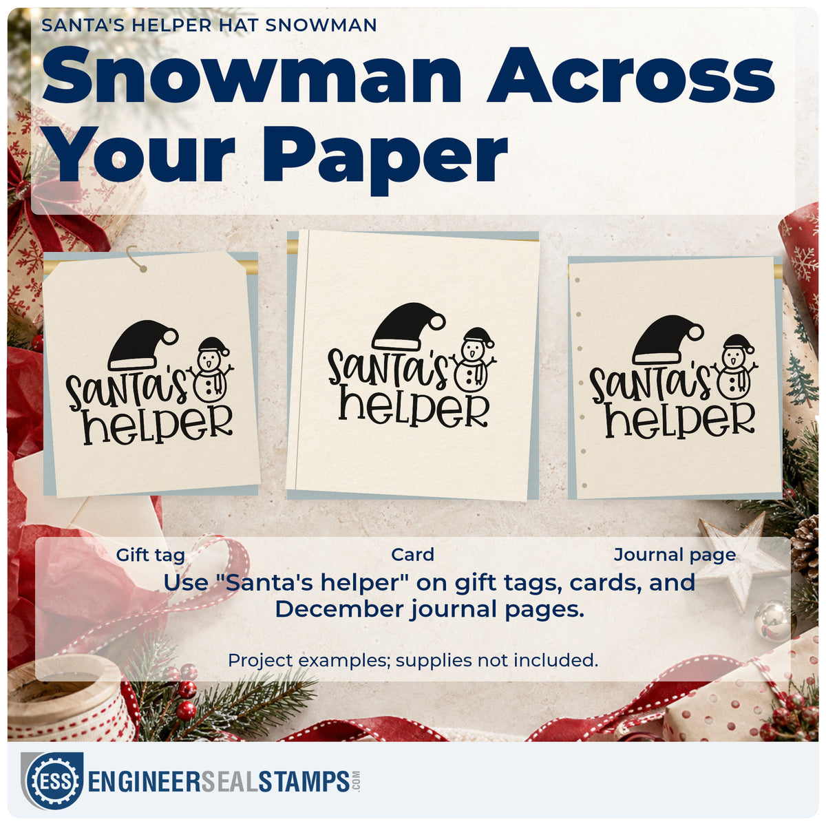 Three project examples made with the Santa's Helper Hat Snowman PSI Pre-Inked Stamp, including carrot nose tags.