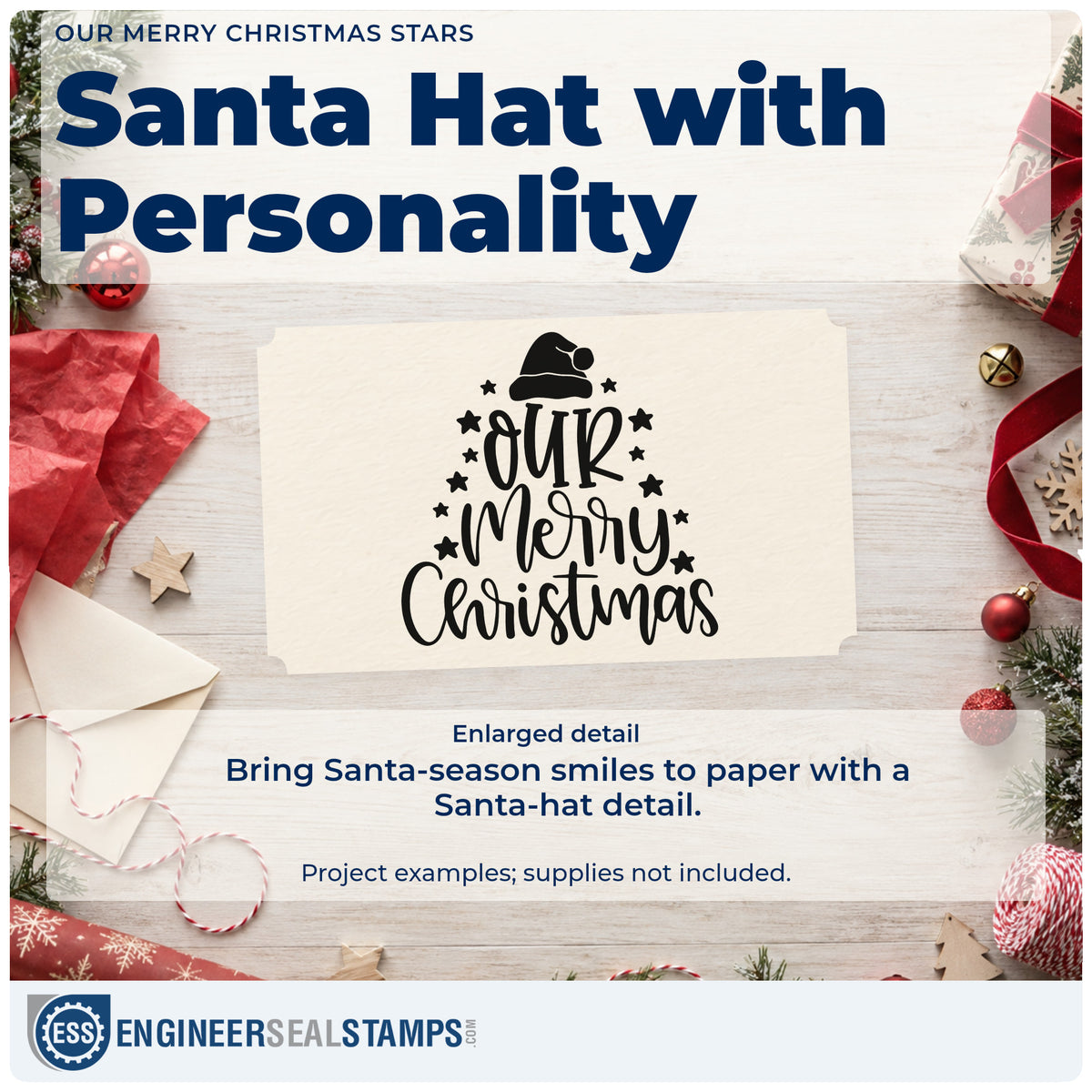 Enlarged detail of the Our Merry Christmas Wood Handle Stamp imprint. The words "Our merry Christmas" form a triangular arrangement beneath a Santa hat and between stars.
