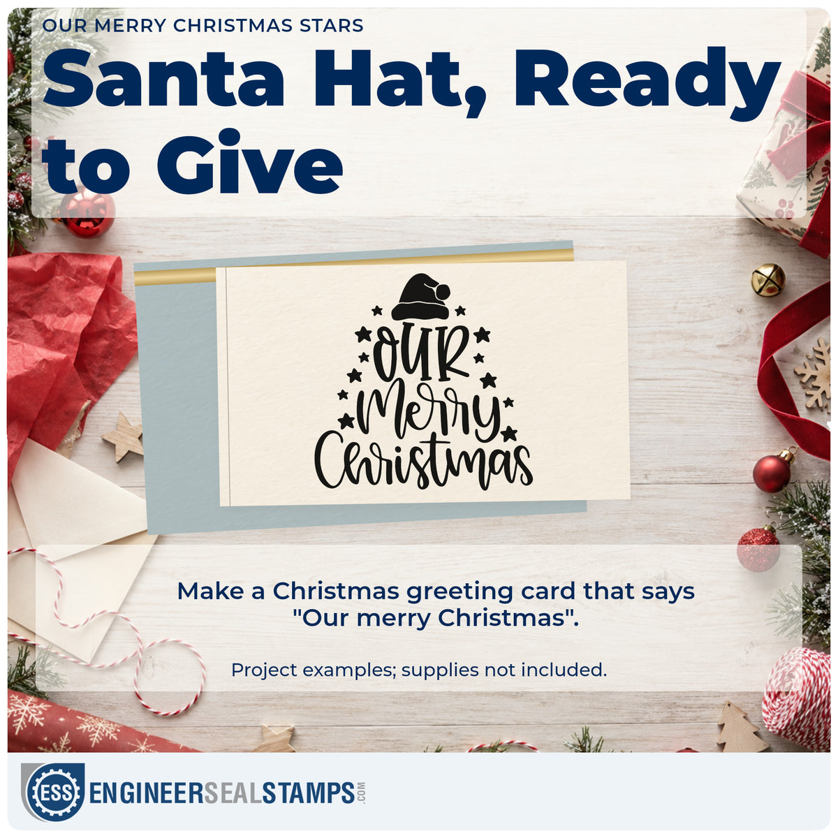 A finished handmade project stamped with the Duo Hand Our Merry Christmas Rubber Stamp, ideal for pyramid album page.