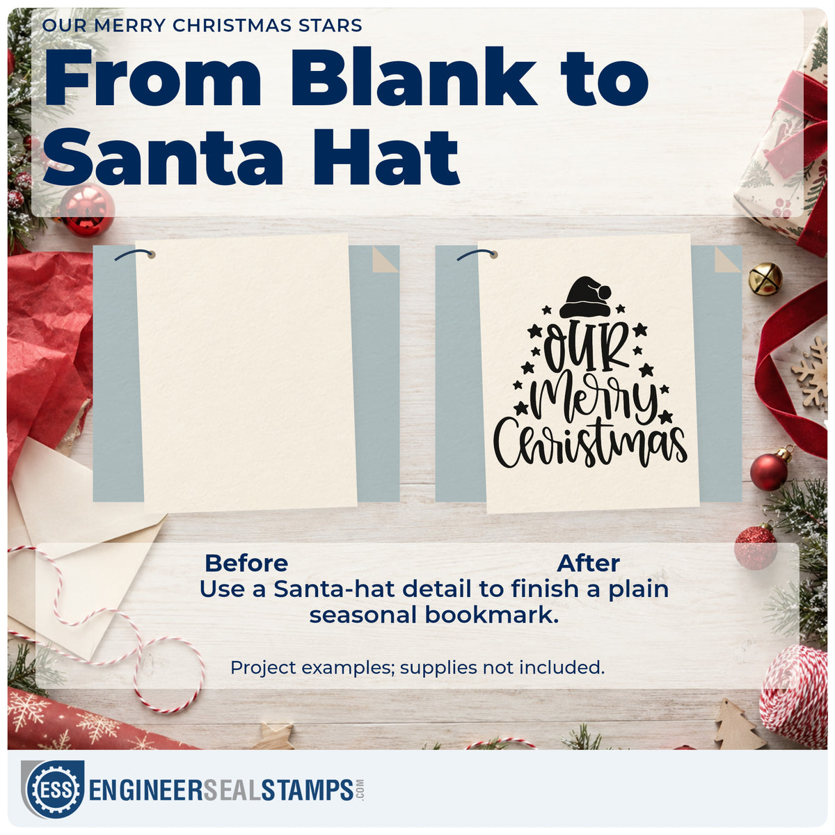 Before and after of a plain item finished with the Our Merry Christmas Stamp – PSI Pre-Inked, a quick upgrade for framed tapered mat.