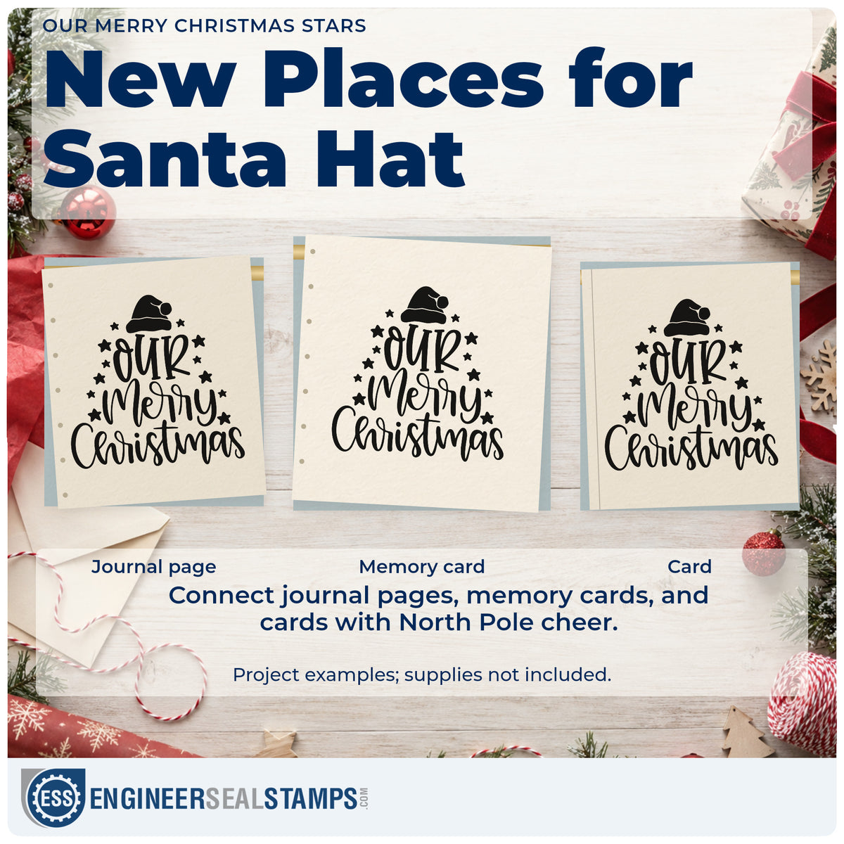 Three project examples made with the Our Merry Christmas Wood Handle Stamp, including priority pyramid sheet.