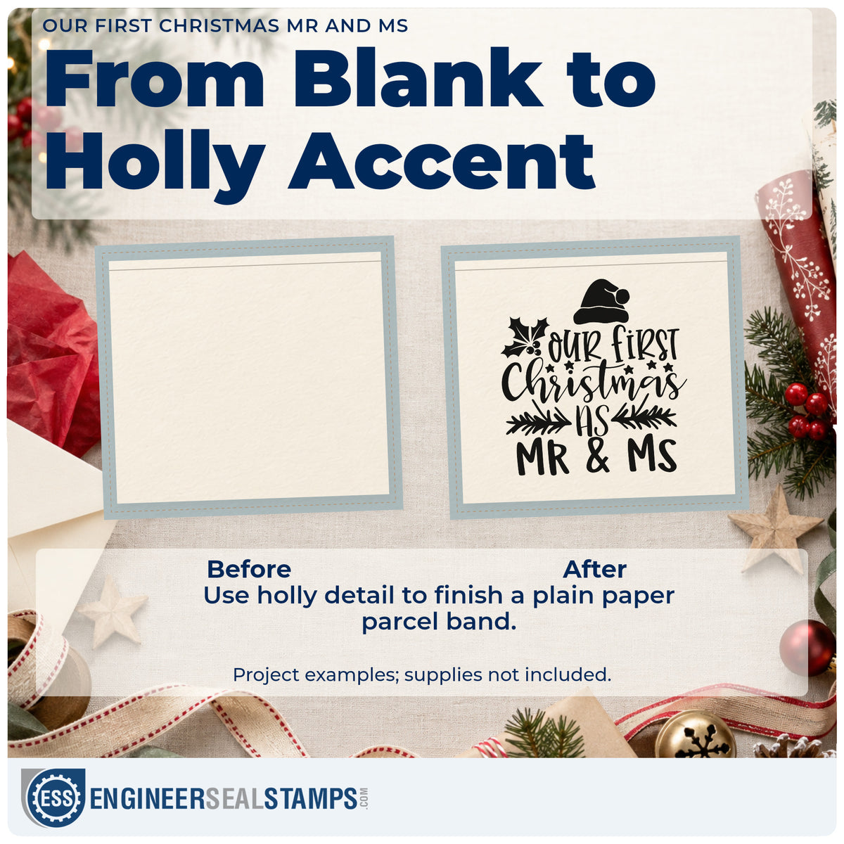 Before and after of a plain item finished with the Mr & Ms First Christmas Holly Rubber Stamp – Wood Handle, a quick upgrade for tea towel pair ink.