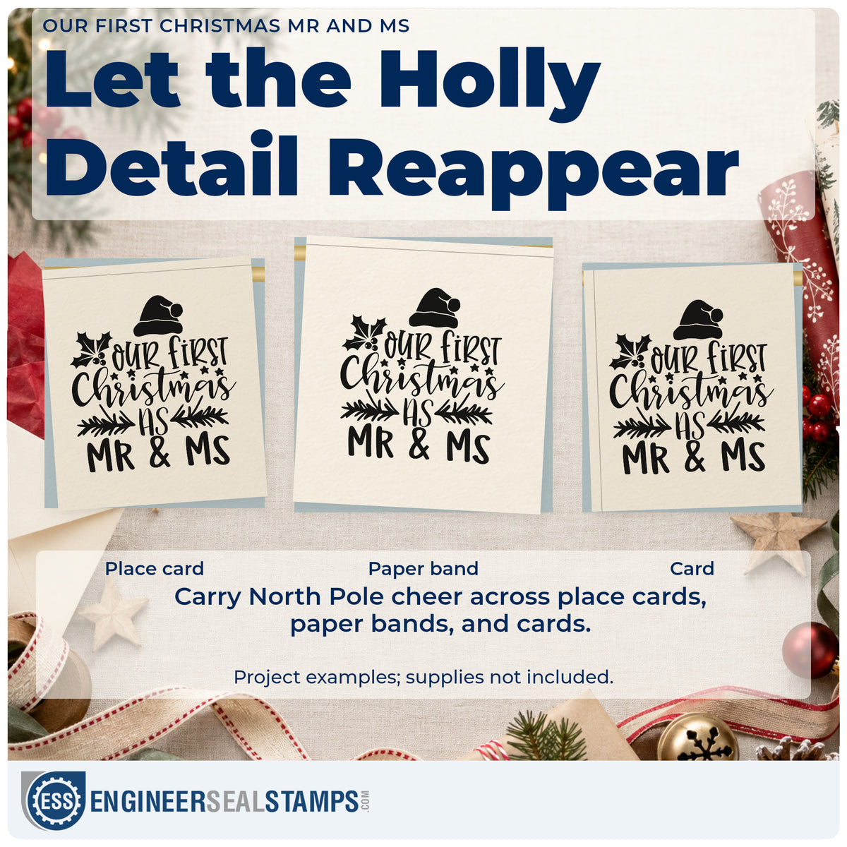 Three project examples made with the Mr & Ms First Christmas Holly Stamp – Slim Pre-Inked, including registry item tags.