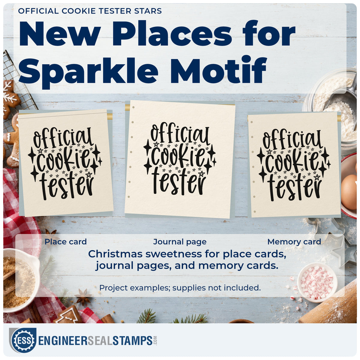 Three project examples made with the Official Cookie Tester Star Accents Pre-Inked Stamp – PSI, including rating scale sheet.