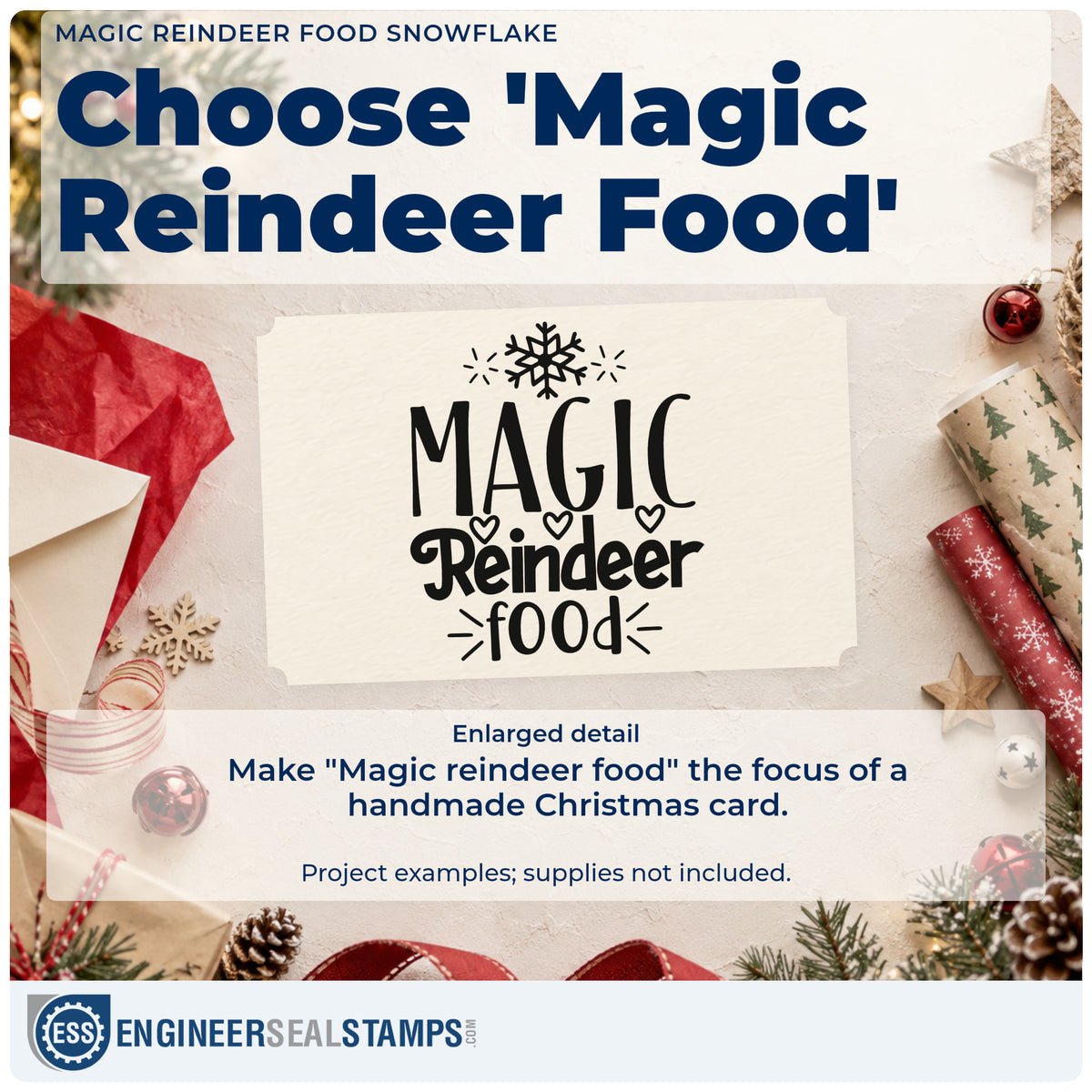 Enlarged detail of the Magic Reindeer Food Snowflake Premium Wood-Mounted Stamp – Vintage Pro imprint. The words "Magic reindeer food" appear with a large snowflake, small hearts, and accent lines.