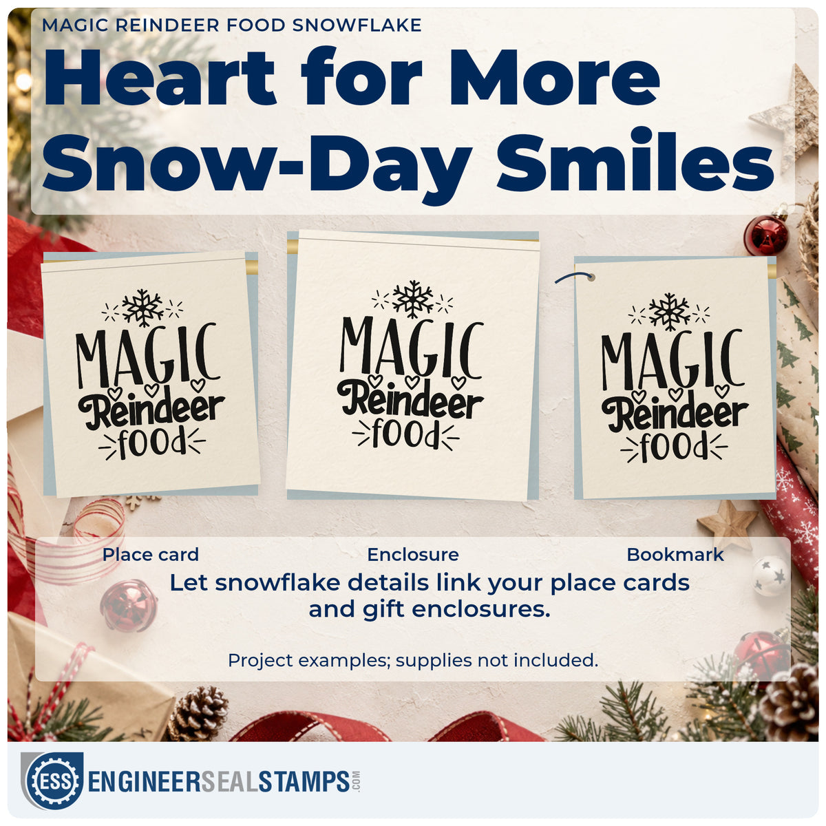Three project examples made with the Pre-Inked Magic Reindeer Food Snowflake Stamp – PSI, including kit assembly sheet.
