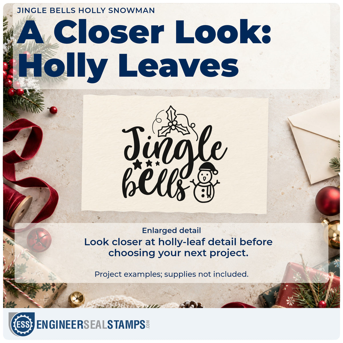 Enlarged detail of the Jingle Bells Holly Snowman Leaf Accents Self-Inking Stamp imprint. The words "Jingle bells" appear beneath holly leaves beside stars and a small snowman.