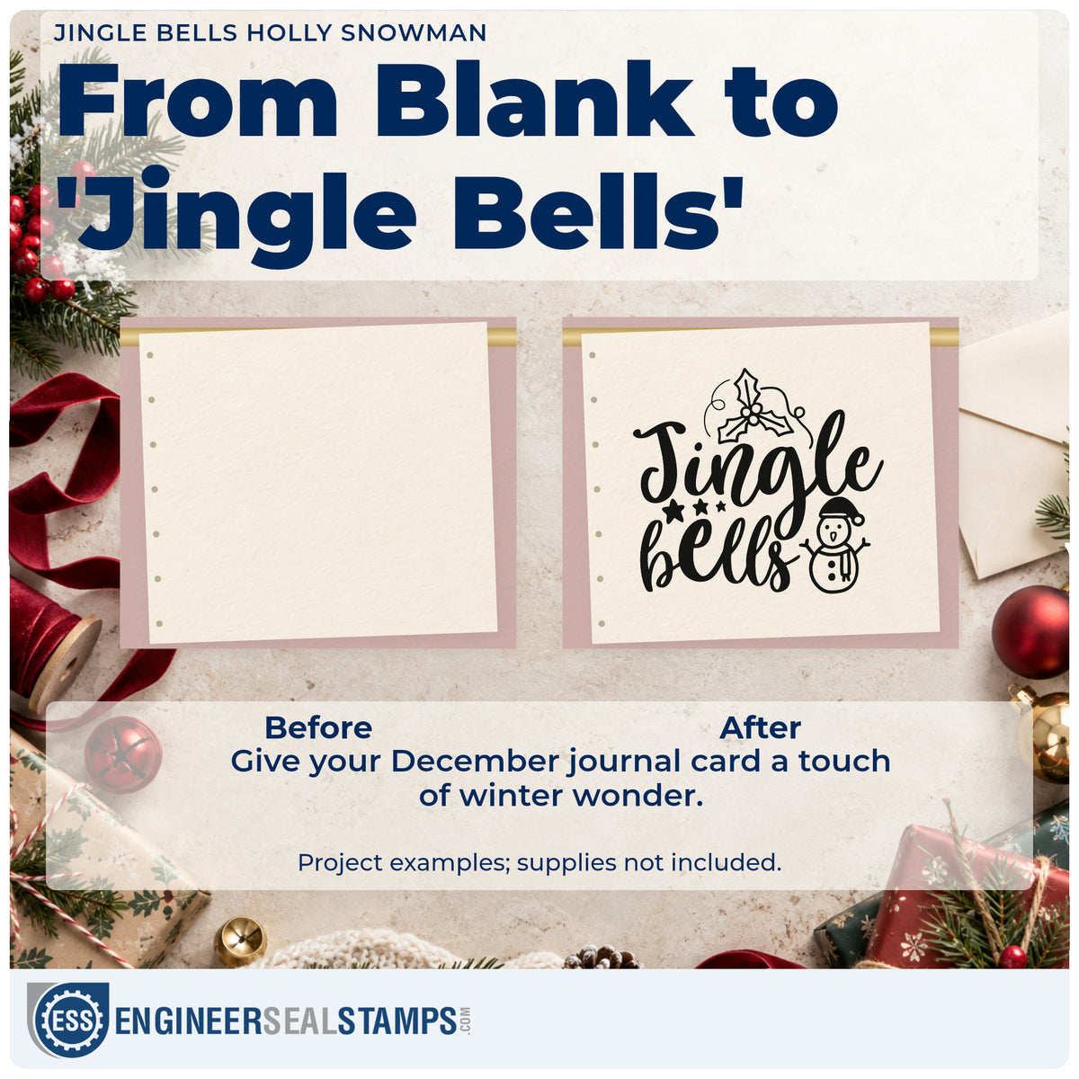 Before and after of a plain item finished with the Jingle Bells Holly Snowman Leaf Accents Stamp – Premium Vintage Pro Wooden, a quick upgrade for framed front step.