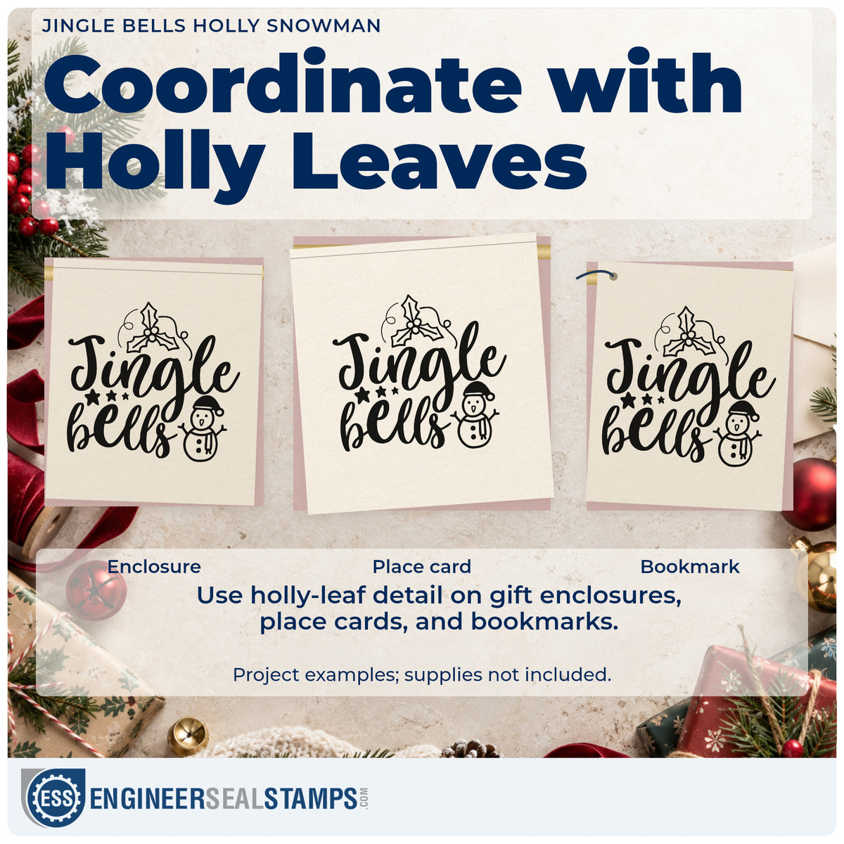 Three project examples made with the Jingle Bells Holly Snowman Leaf Accents Self-Inking Stamp, including route order sheet.