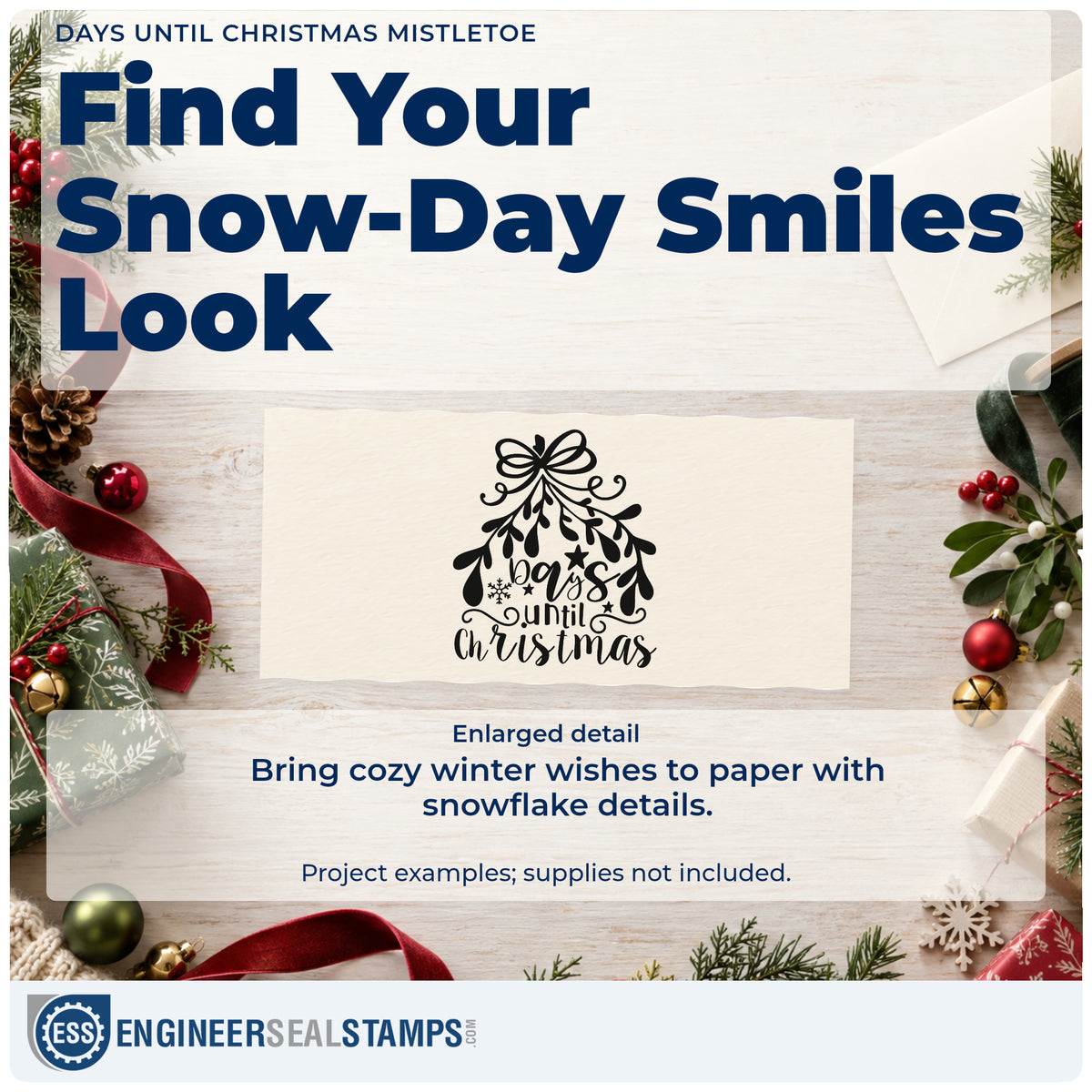 Enlarged detail of the PSI Pre-Inked Days Until Christmas Mistletoe Stamp imprint. A large bow and hanging leafy sprigs frame the words "days until Christmas" with snowflake accents.