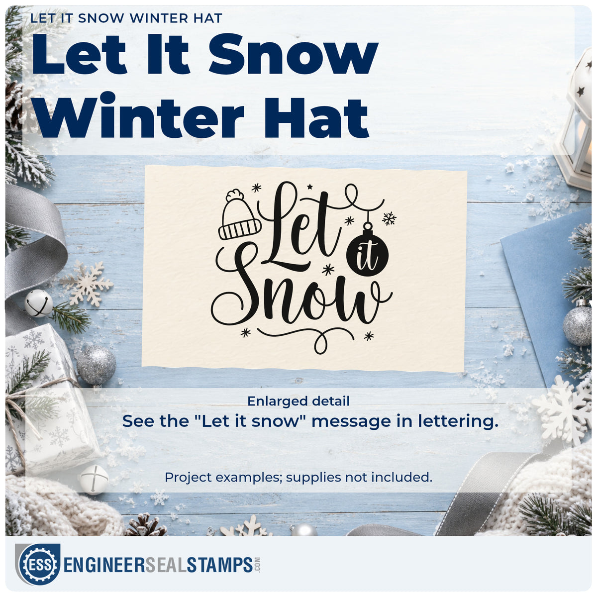 Enlarged detail of the Let It Snow Winter Hat Wood-Mounted Rubber Stamp imprint. The words "Let it snow" include a knit cap, hanging ornament, snowflakes, and flourishes.