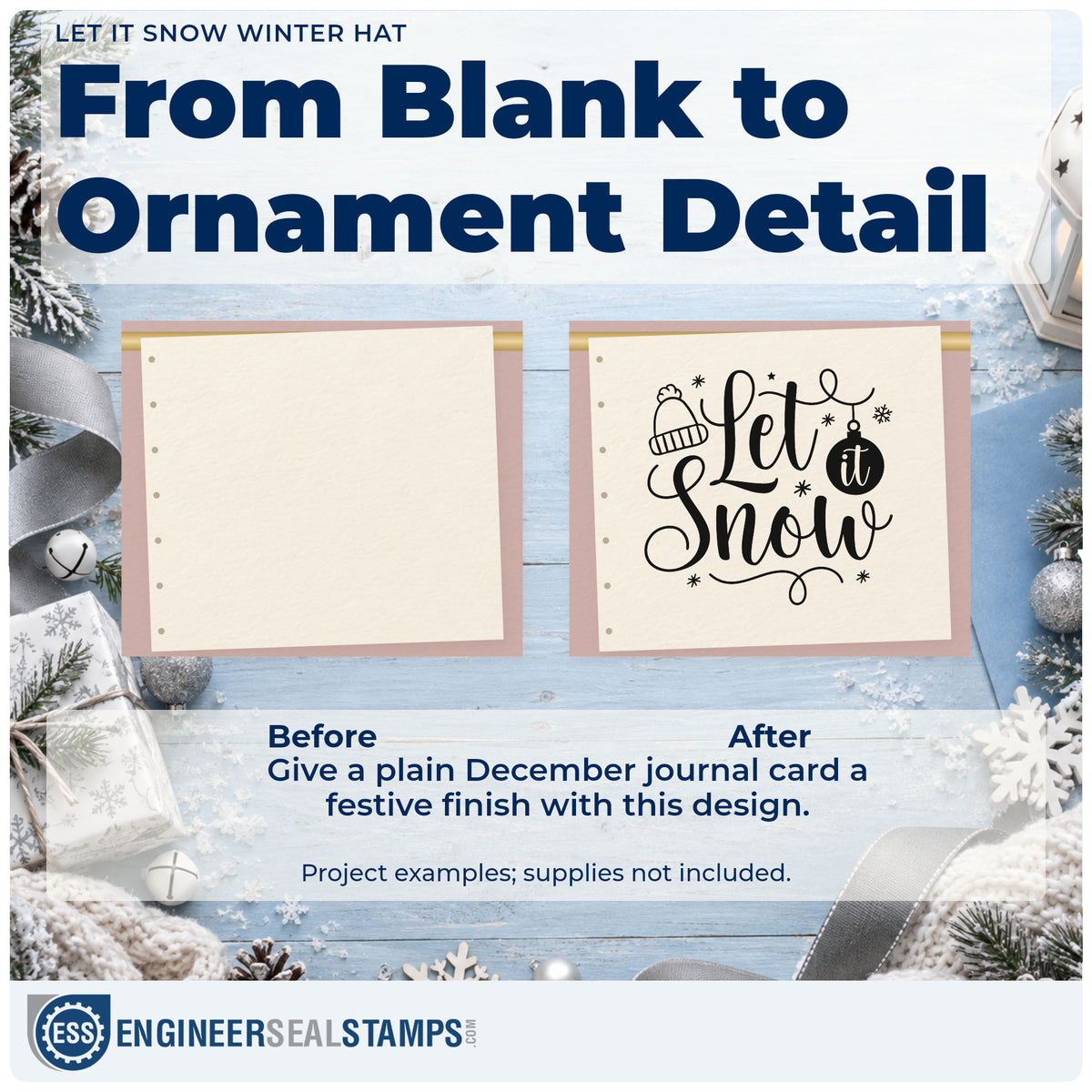 Before and after of a plain item finished with the Let It Snow Winter Hat Pre-Inked Stamp – Slim, a quick upgrade for framed counter wall.