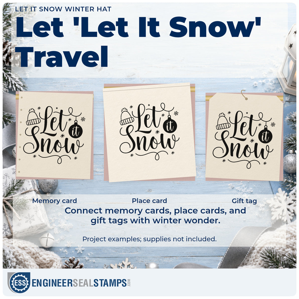 Three project examples made with the Let It Snow Winter Hat Wood-Mounted Rubber Stamp, including stock order sheet.