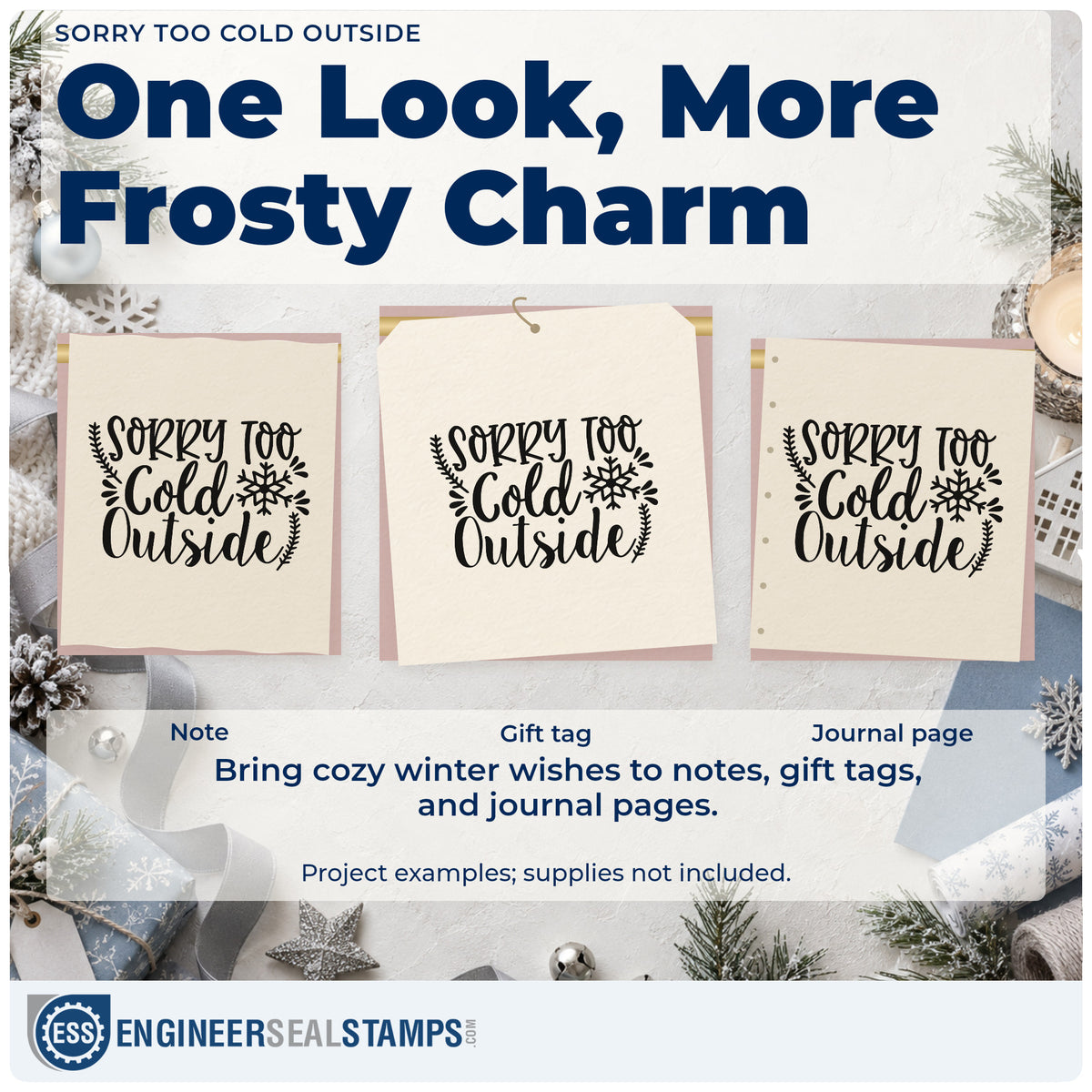 Three project examples made with the Self-Inking Sorry Too Cold Outside Botanical Sprig Stamp, including excuse list sheet.