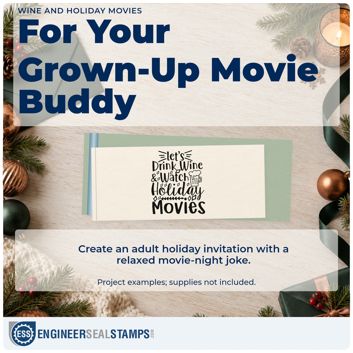 A finished handmade project stamped with the Let's Drink Wine & Watch Holiday Movies Rubber Stamp – Duo Hand, ideal for movies cards.