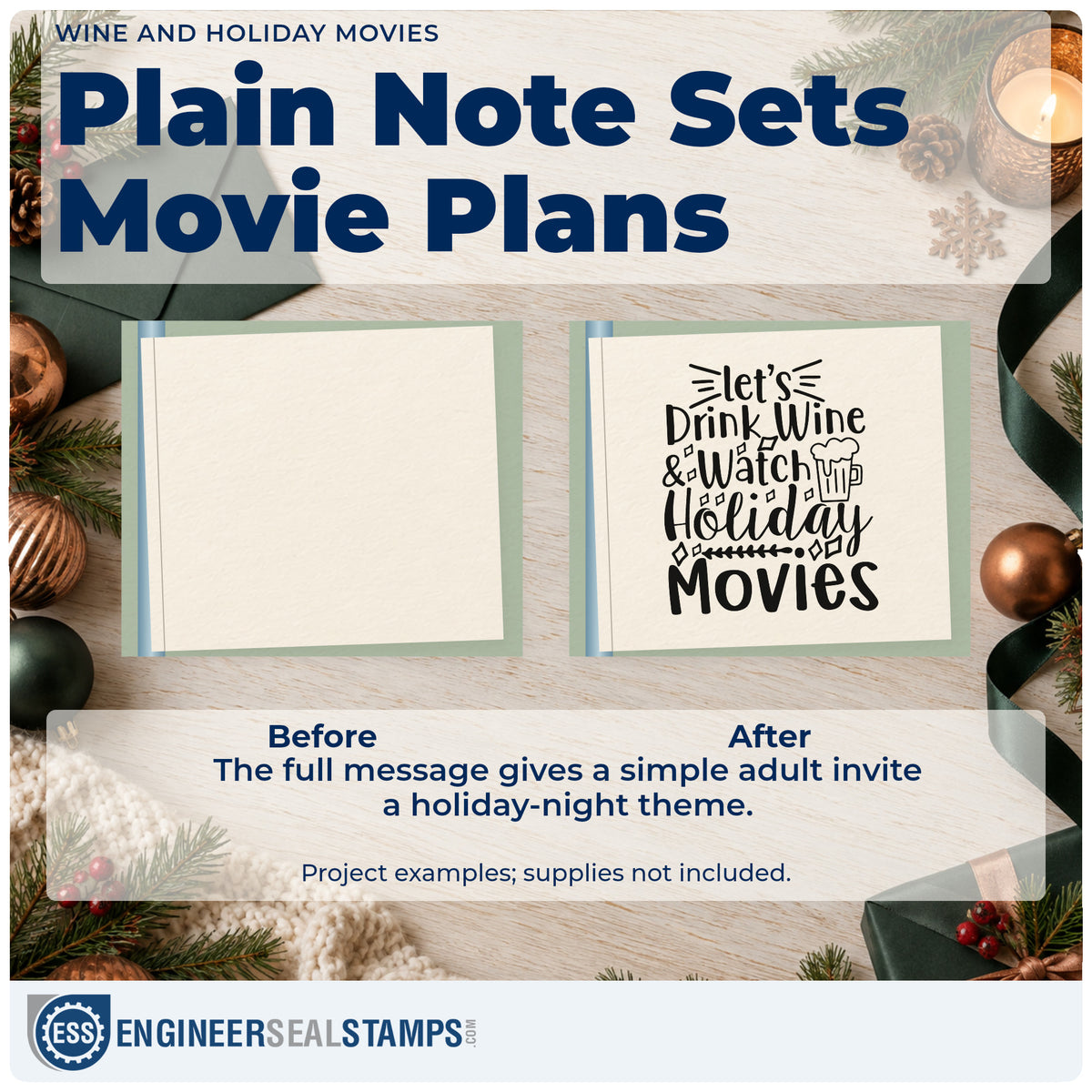 Before and after of a plain item finished with the Wood Handle Let's Drink Wine & Watch Holiday Movies Rubber Stamp, a quick upgrade for throw corner printing.