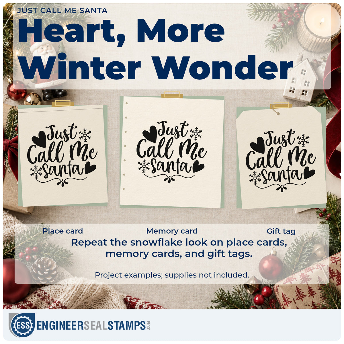 Three project examples made with the Just Call Me Santa Snowflakes Wood Handle Stamp, including shopping list sheet.