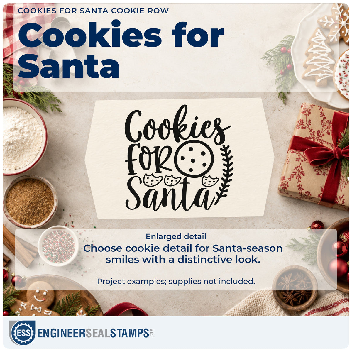 Enlarged detail of the Cookies For Santa Cookie Row Hand Stamp – Duo imprint. The words "Cookies for Santa" include a large round cookie, a row of small cookies, and a leafy sprig.