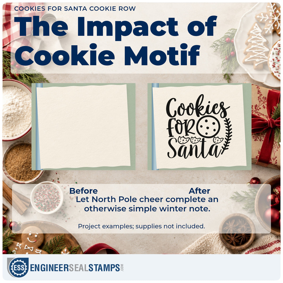 Before and after of a plain item finished with the Cookies For Santa Cookie Row Rubber Stamp – Wood Handle, a quick upgrade for runner edge printing.