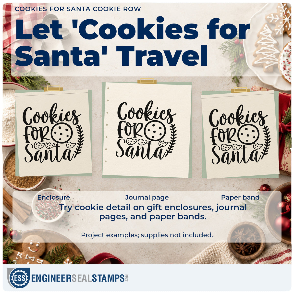Three project examples made with the Cookies For Santa Cookie Row Stamp – Slim Pre-Inked, including single cookie tags.