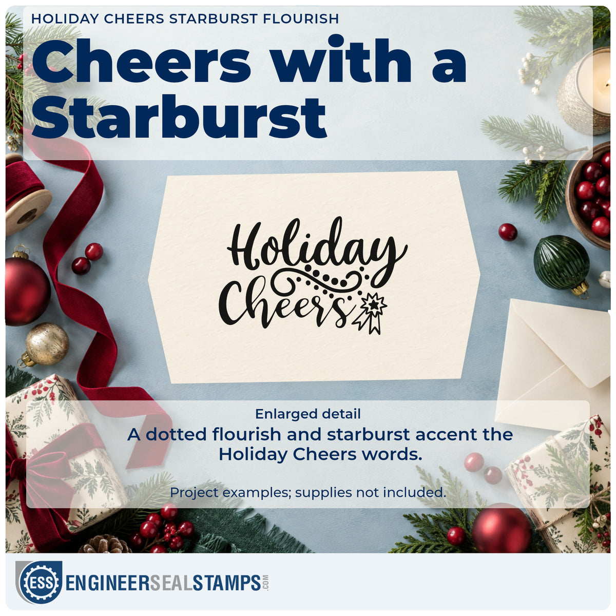 Enlarged detail of the Holiday Cheers Starburst Flourished Lettering Slim Pre-Inked Stamp imprint. The words "Holiday cheers" appear with a dotted flourish and a starburst accent.