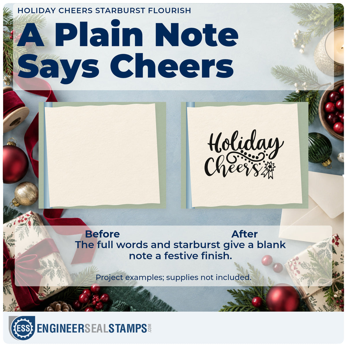Before and after of a plain item finished with the Holiday Cheers Starburst Flourished Lettering Rubber Stamp – Duo Hand, a quick upgrade for framed sideboard ledge.