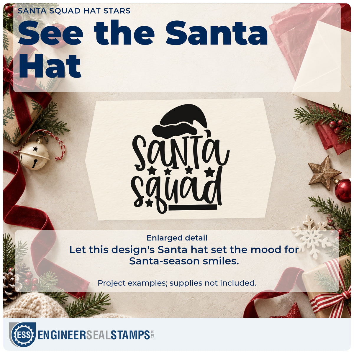 Enlarged detail of the Santa Squad Hat Stars Hand Stamp – Duo imprint. The words "Santa squad" sit below a Santa hat with a row of stars.