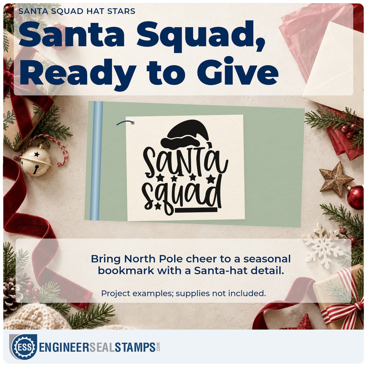 A finished handmade project stamped with the Pre-Inked Santa Squad Hat Stars Stamp – PSI, ideal for team album page.