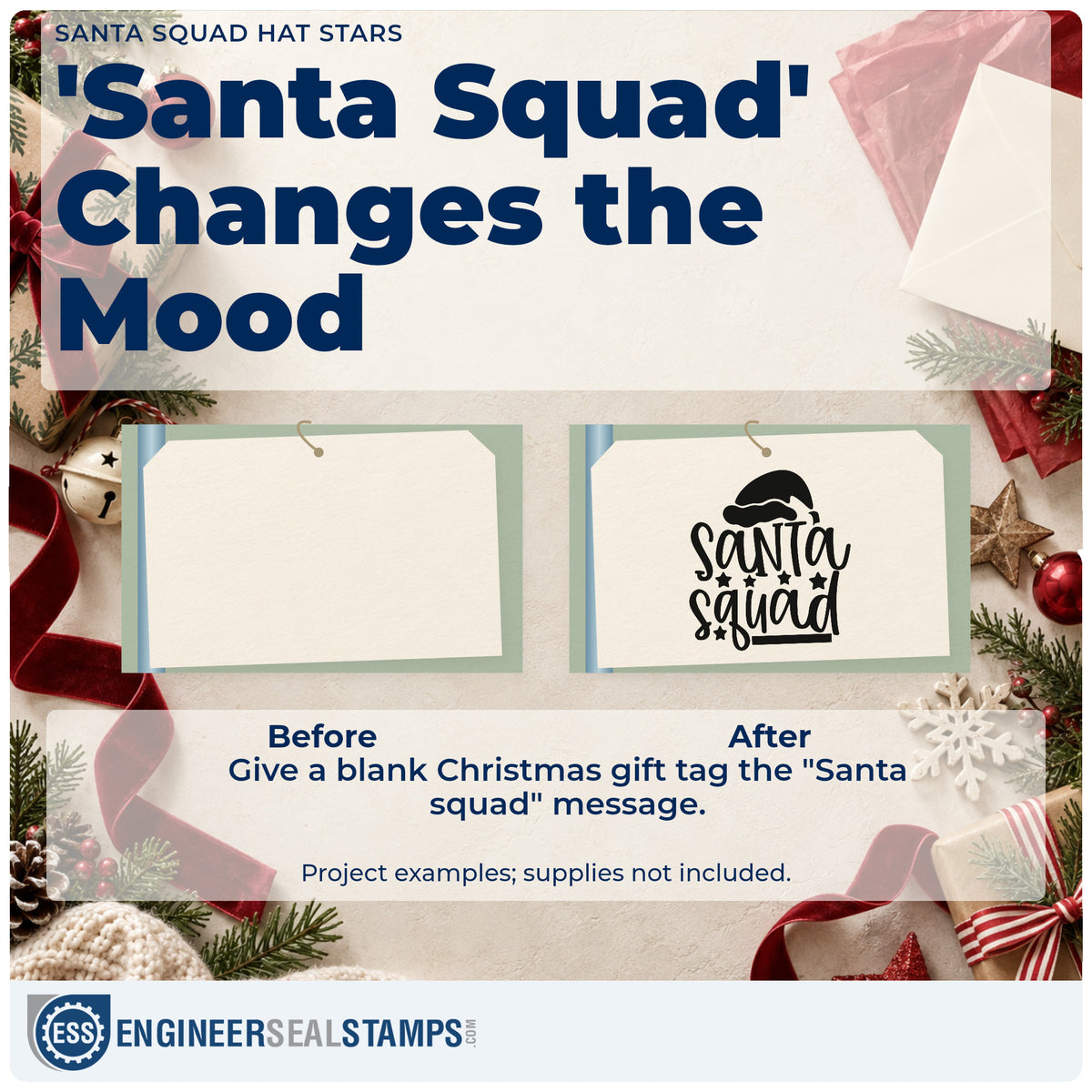 Before and after of a plain item finished with the Santa Squad Hat Stars Rubber Stamp – Wood Handle, a quick upgrade for framed den wall.