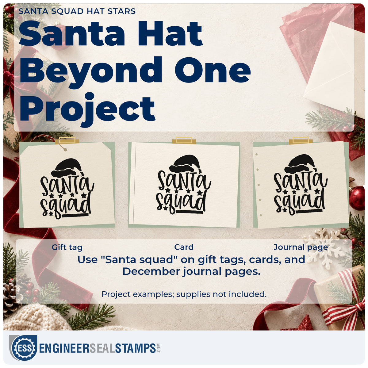 Three project examples made with the Santa Squad Hat Stars Hand Stamp – Duo, including roll call sheet.