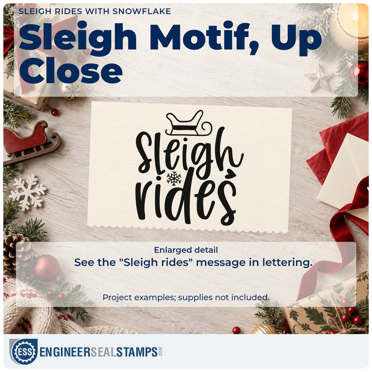 Enlarged detail of the Premium Wooden Sleigh Rides With Snowflake Lettering Stamp – Vintage Pro imprint. The words "Sleigh rides" appear beneath a sleigh with a snowflake accent.