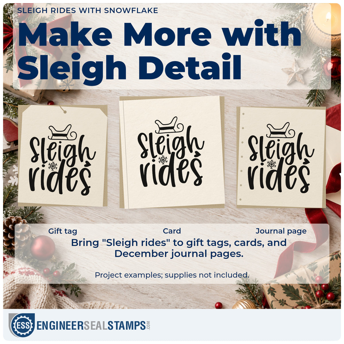 Three project examples made with the Sleigh Rides With Snowflake Lettering PSI Pre-Inked Stamp, including activity menu sheet.