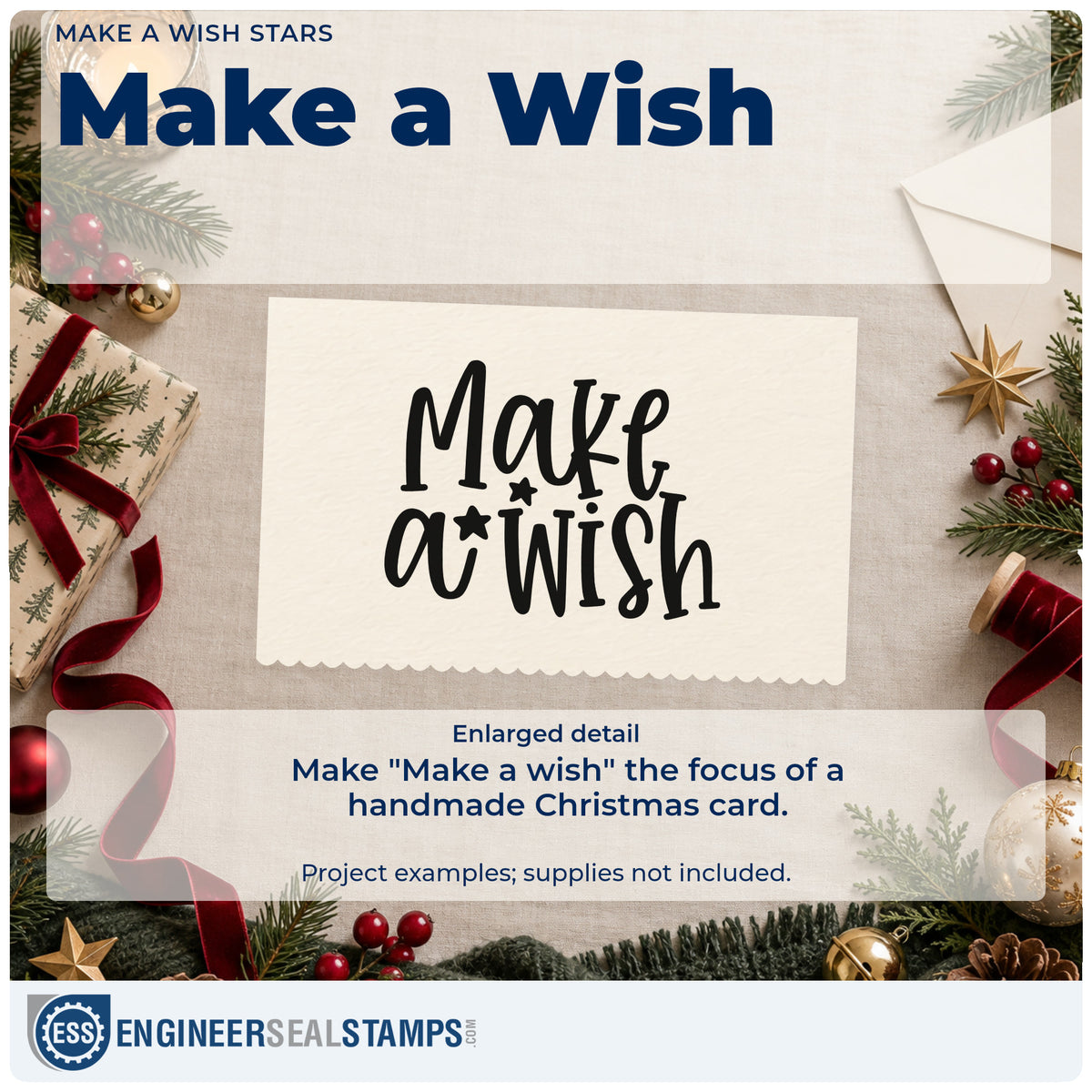 Enlarged detail of the Make A Wish Stars Duo Hand Stamp imprint. The words "Make a wish" stack in playful lettering with three small stars.