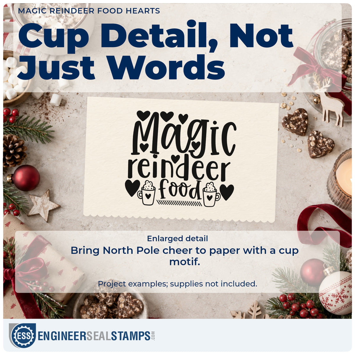 Enlarged detail of the Magic Reindeer Food Pre-Inked Stamp – PSI imprint. The words "Magic reindeer food" appear with hearts and two whipped cocoa mugs.