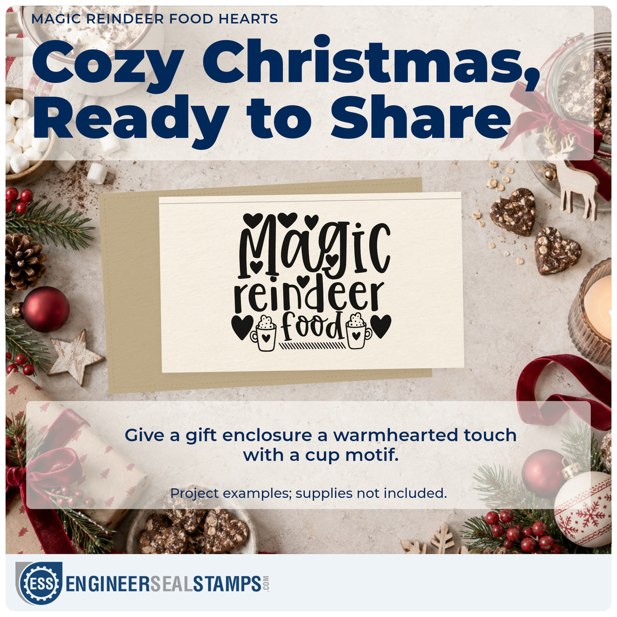 A finished handmade project stamped with the Slim Pre-Inked Magic Reindeer Food Stamp, ideal for party setup album.